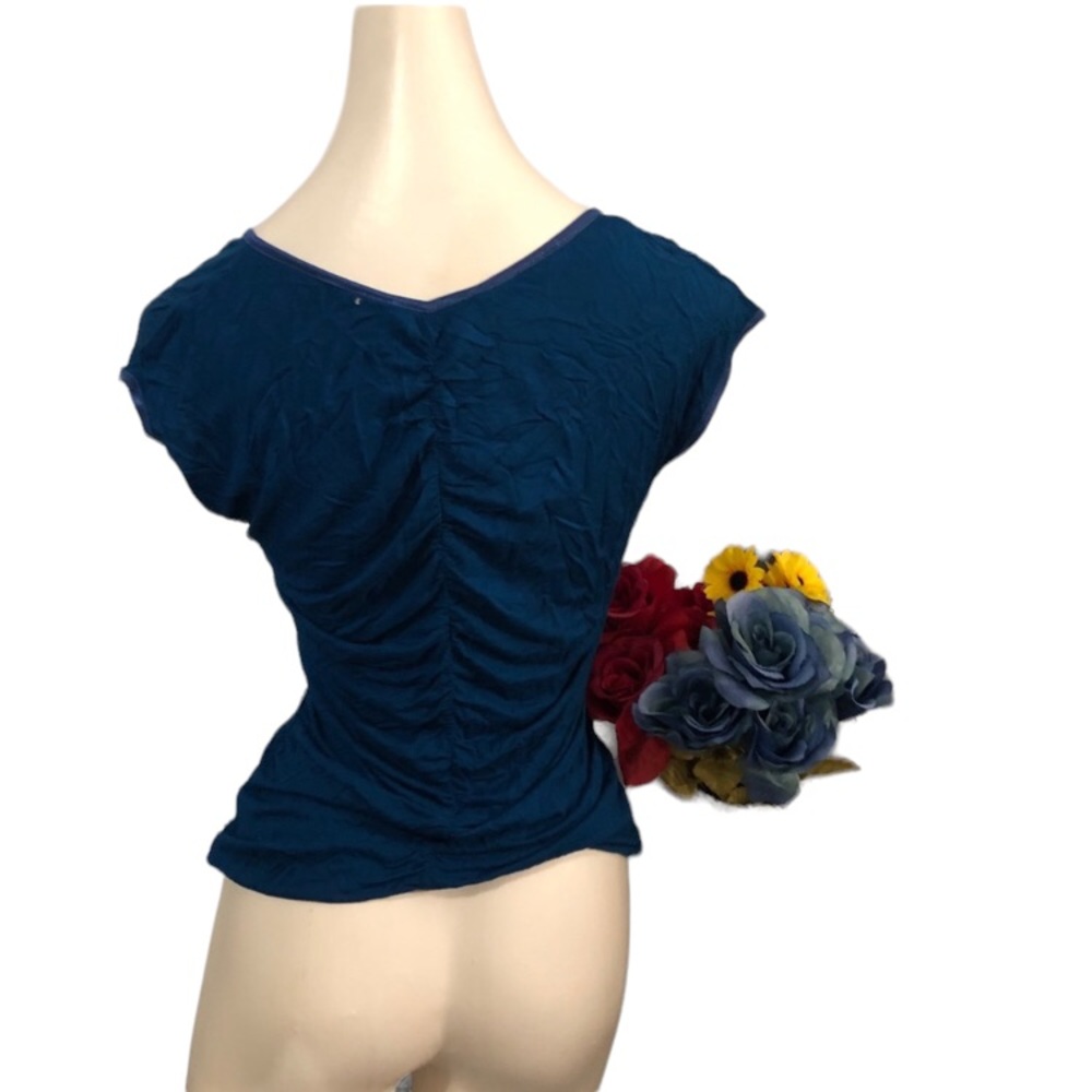 French Connection Blue Ruched Buttoned Blouse - Picture 2 of 2